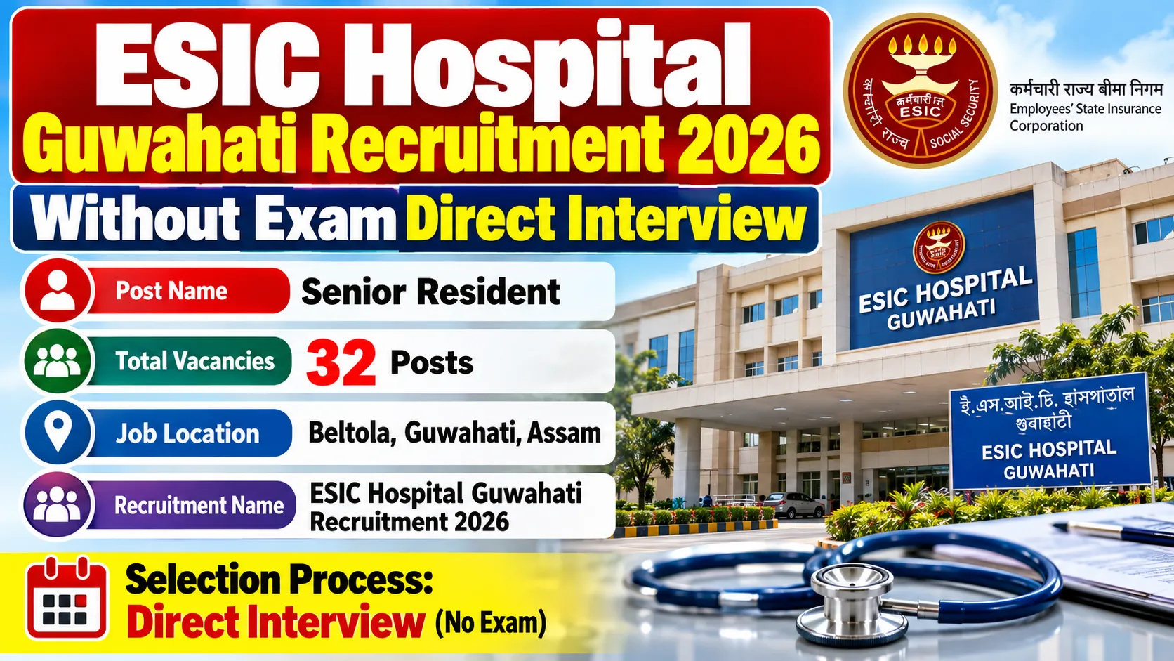 ESIC Hospital Guwahati Recruitment 2026 without Exam Direct Interview
